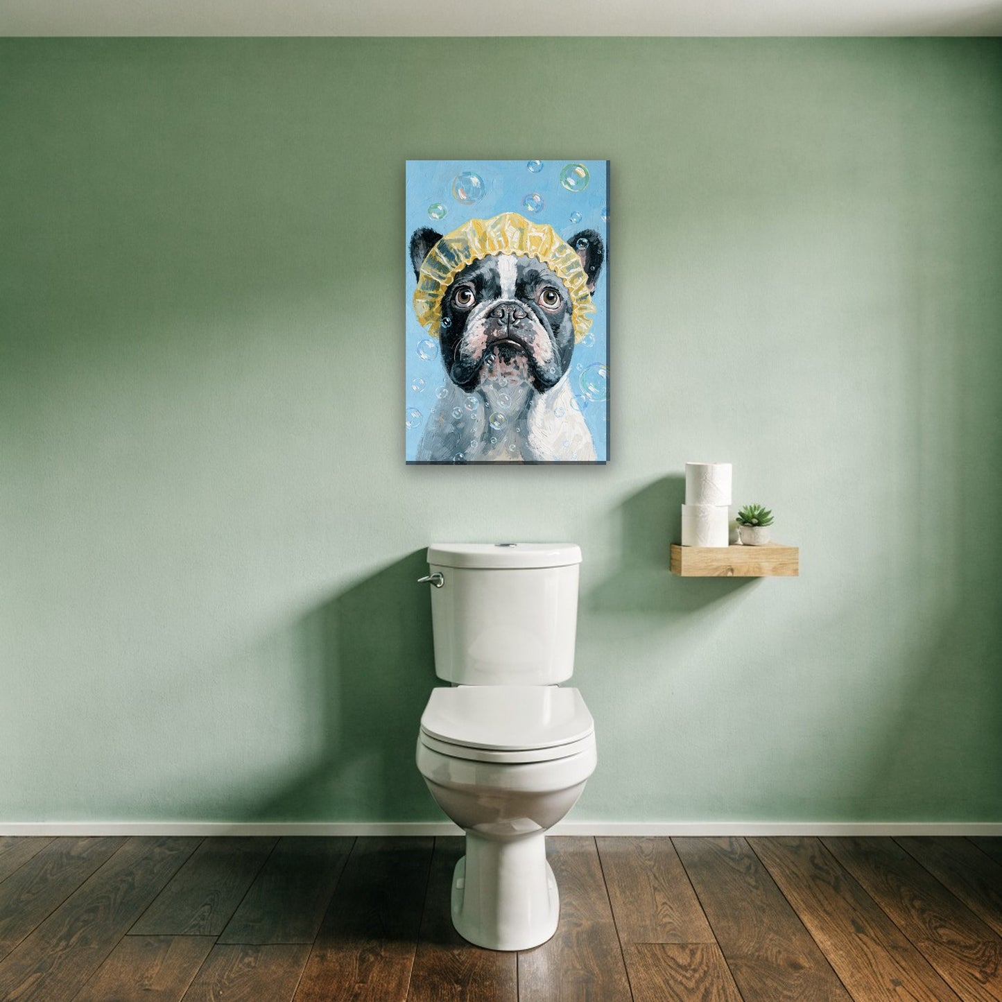 Franse bulldog met badmuts canvas schilderij aan de muur boven het toilet