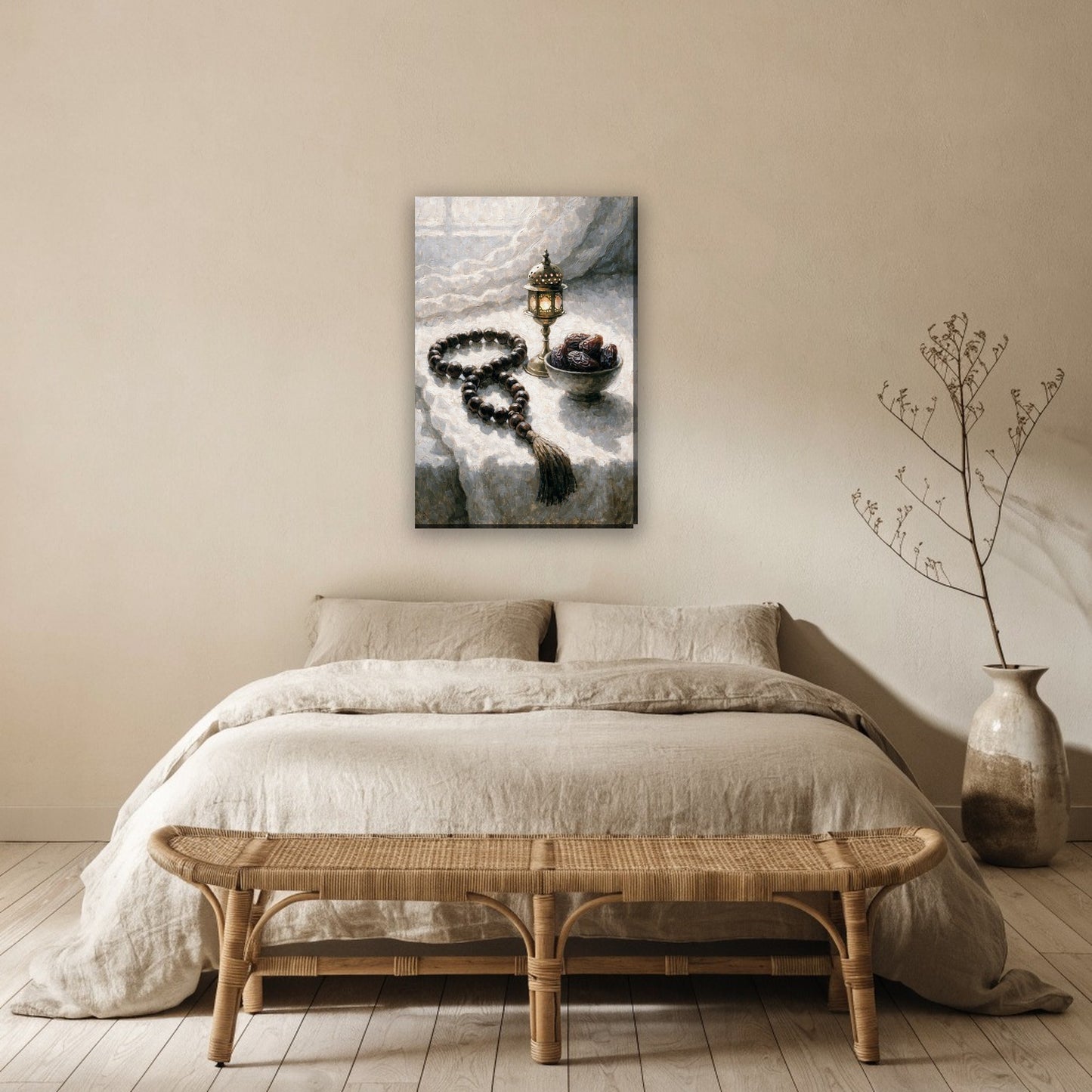Gebedskralen en lantaarn canvas schilderij aan de muur boven het bed in de slaapkamer