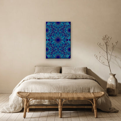 Geometrische ster canvas schilderij aan de muur boven het bed in de slaapkamer