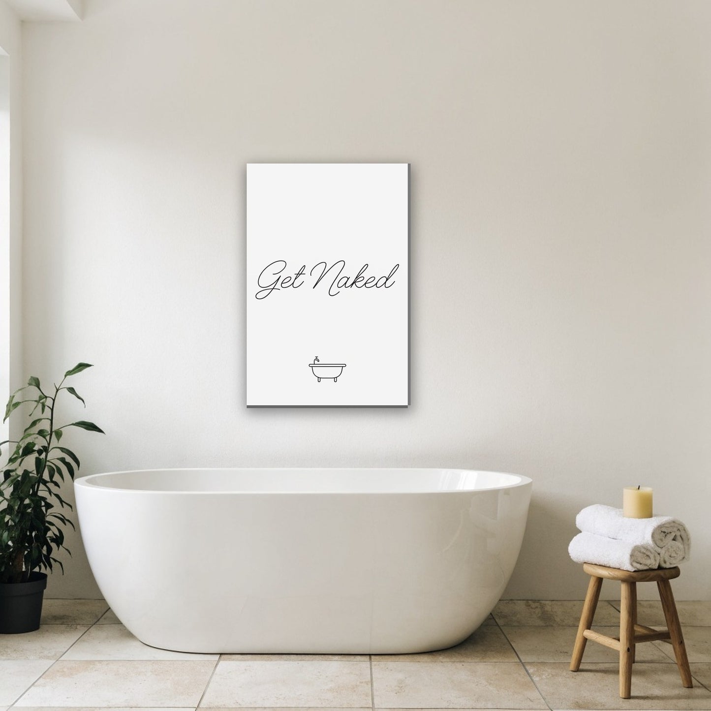 Get Naked typografie canvas schilderij aan de muur in de badkamer boven het bad