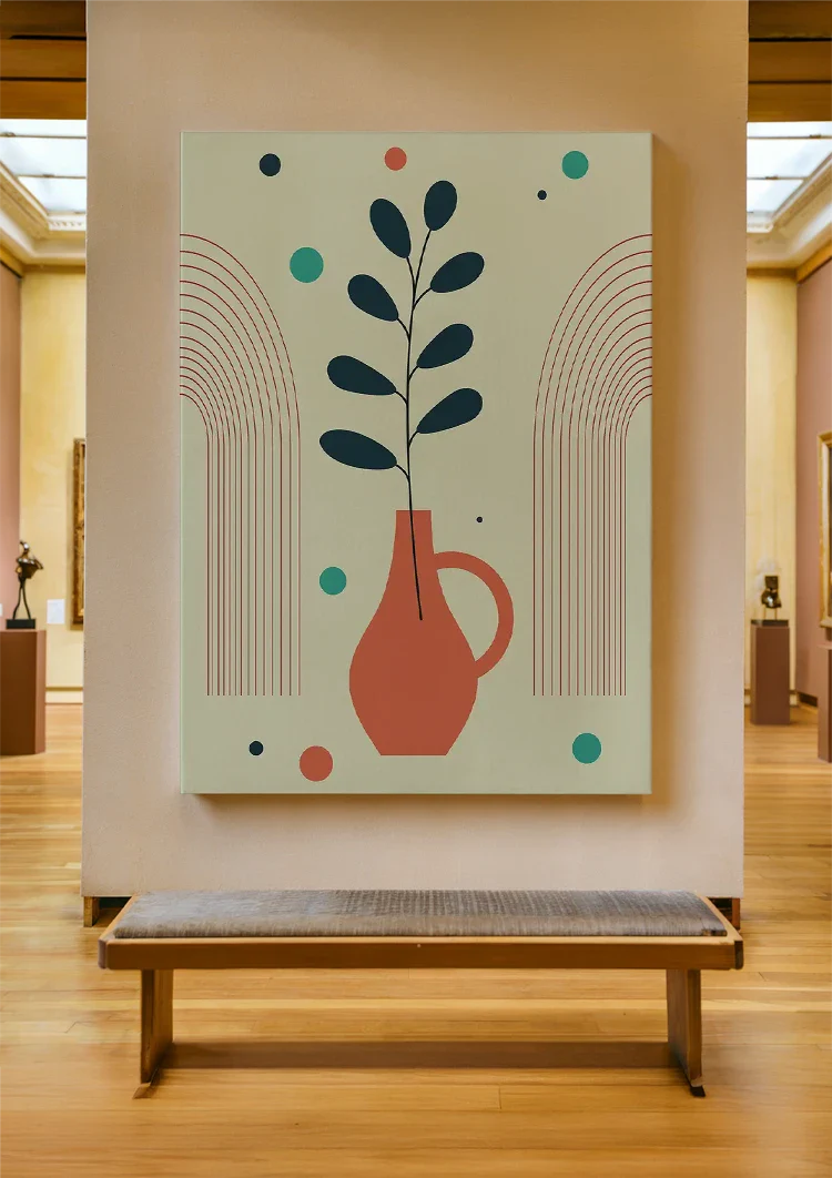 Terracotta Vaas met Plant Abstracte Bogen Botanisch Schilderij