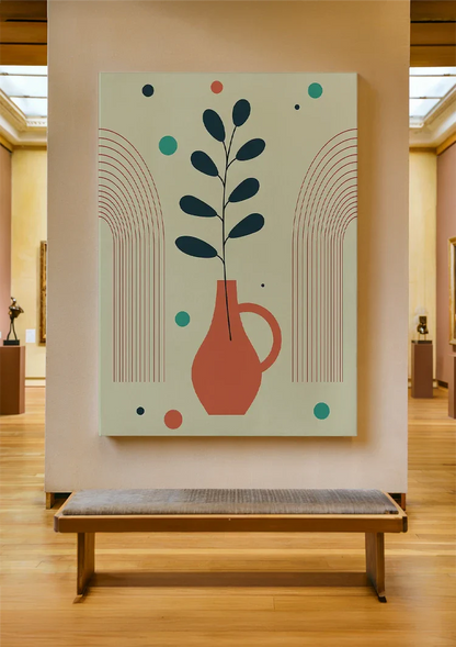Terracotta Vaas met Plant Abstracte Bogen Botanisch Schilderij