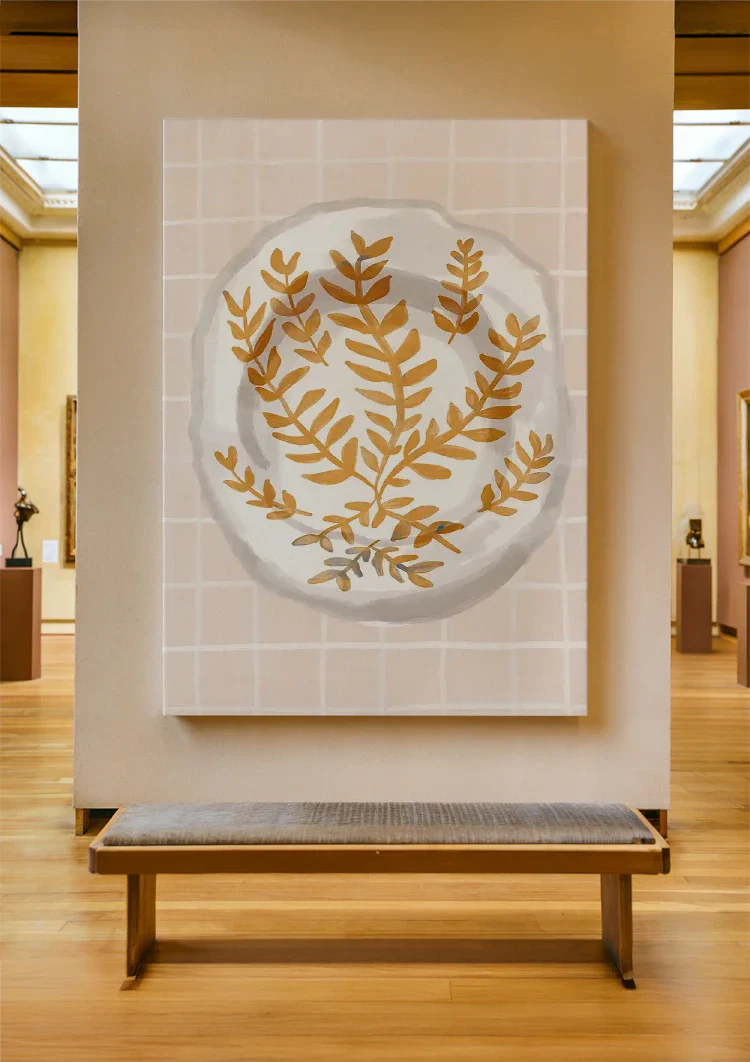 White Plate with Gold Leaf Motif Pink Checkered Background Painting