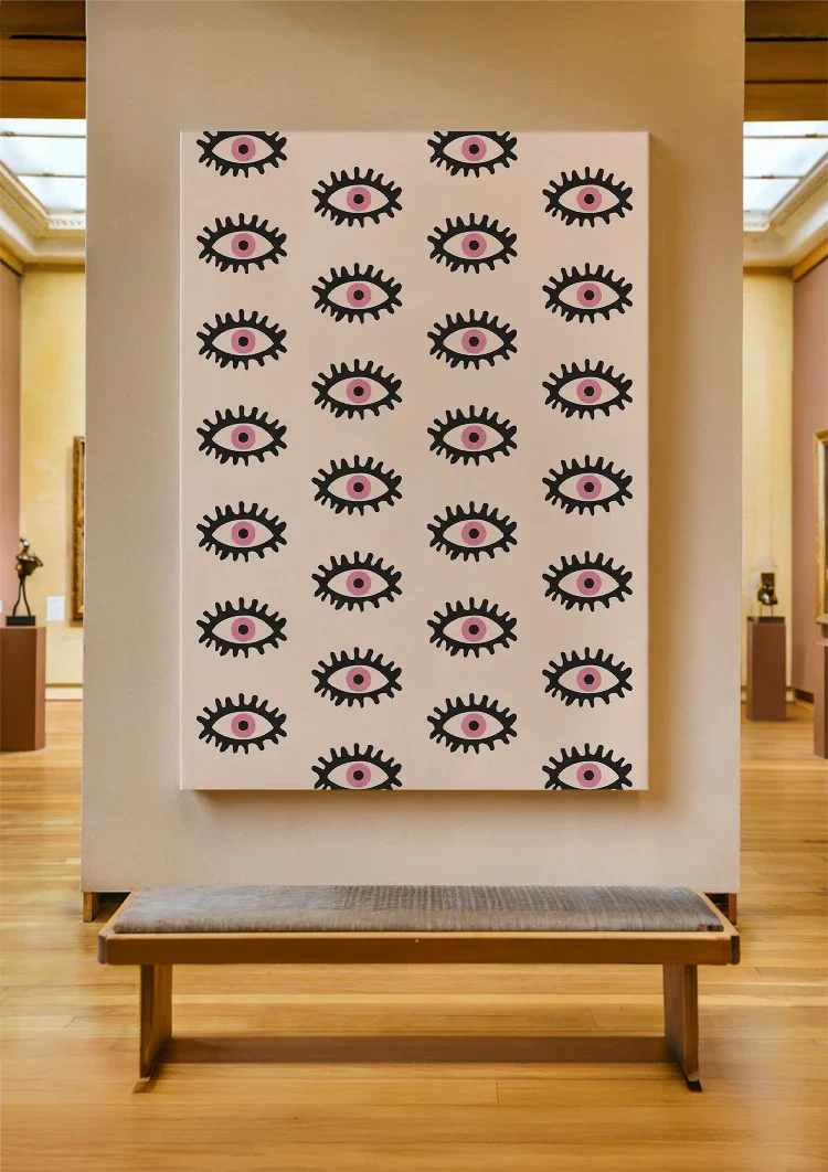 Oogmotief Roze Irissen Zwarte Wimpers Patroon Lichtroze Schilderij