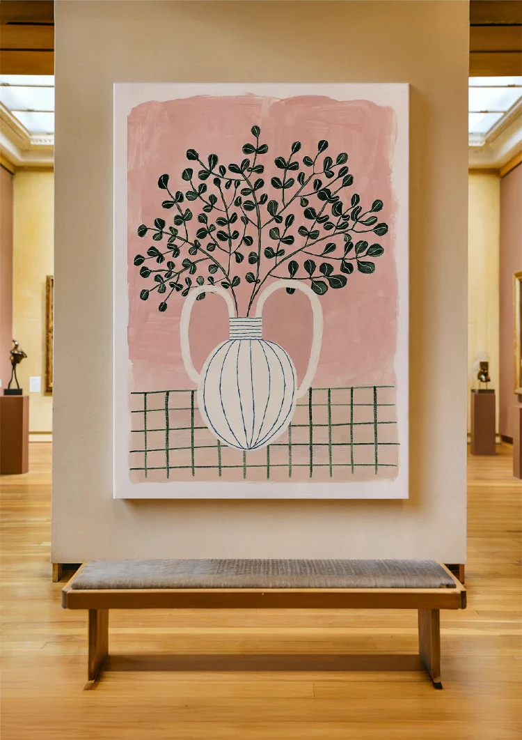 Weiße Vase Blaue Streifen Pflanze Rosa Hintergrund Grün Karierte Tischdecke Gemälde