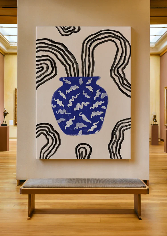 Blauwe Vaas Witte Motieven Beige Achtergrond Zwarte Golven Grafisch Canvas Schilderij