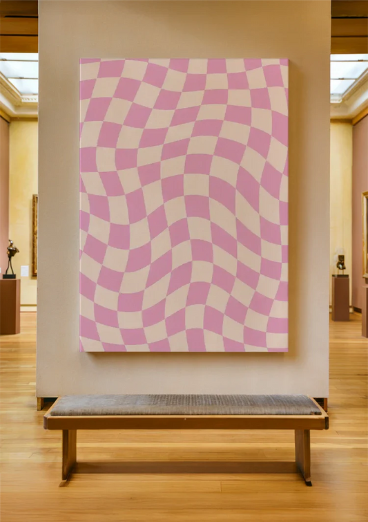 Roze Crème Golvend Dambordpatroon Optische Illusie Canvas Schilderij