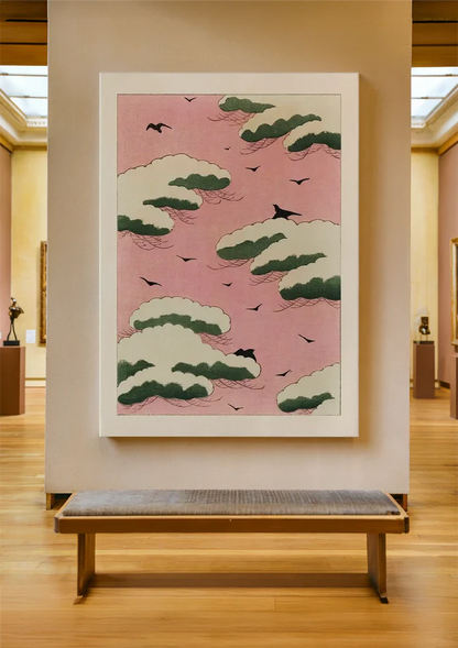 Japanisches Rosa Himmel Grüne Wolken Schwarze Vögel Gemälde