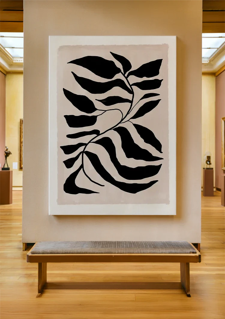 Graphic Sheet Black White Wavy Leaves Cream Background Painting