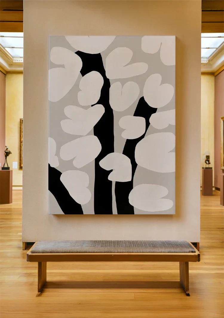 Weiße Blütenblätter Silhouetten Grau Schwarz Minimalistisches Gemälde
