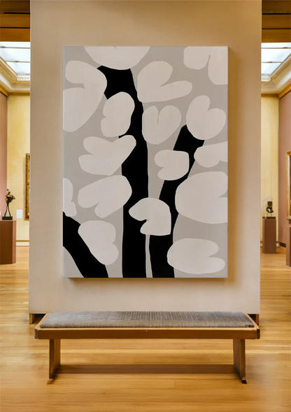 Weiße Blütenblätter Silhouetten Grau Schwarz Minimalistisches Gemälde