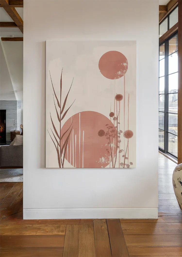 Soft Pastel Reed Plumes and Round Shapes Abstract Painting