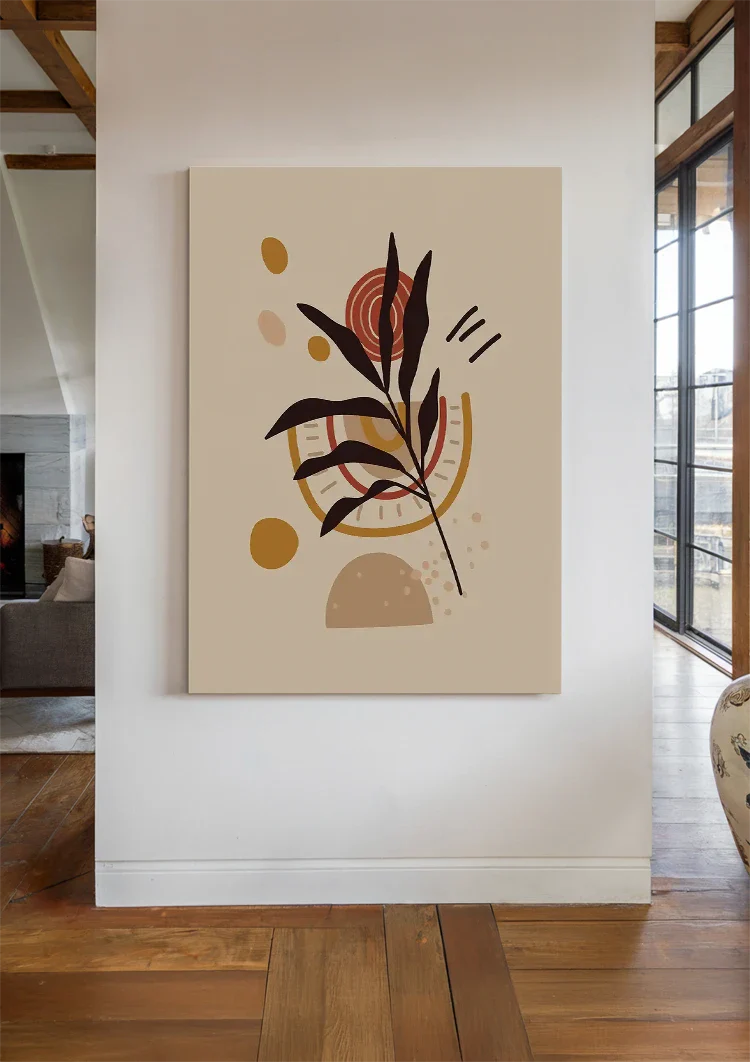 Gestileerde Plant met Bladeren en Abstracte Vormen Botanisch Schilderij