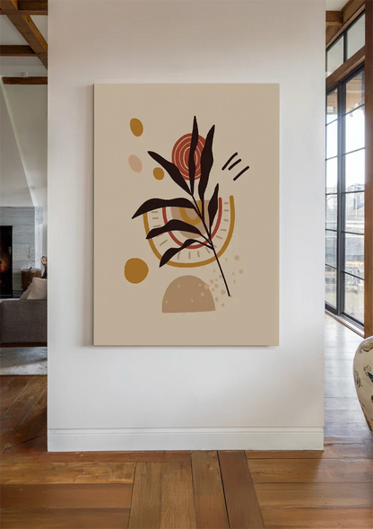 Gestileerde Plant met Bladeren en Abstracte Vormen Botanisch Schilderij