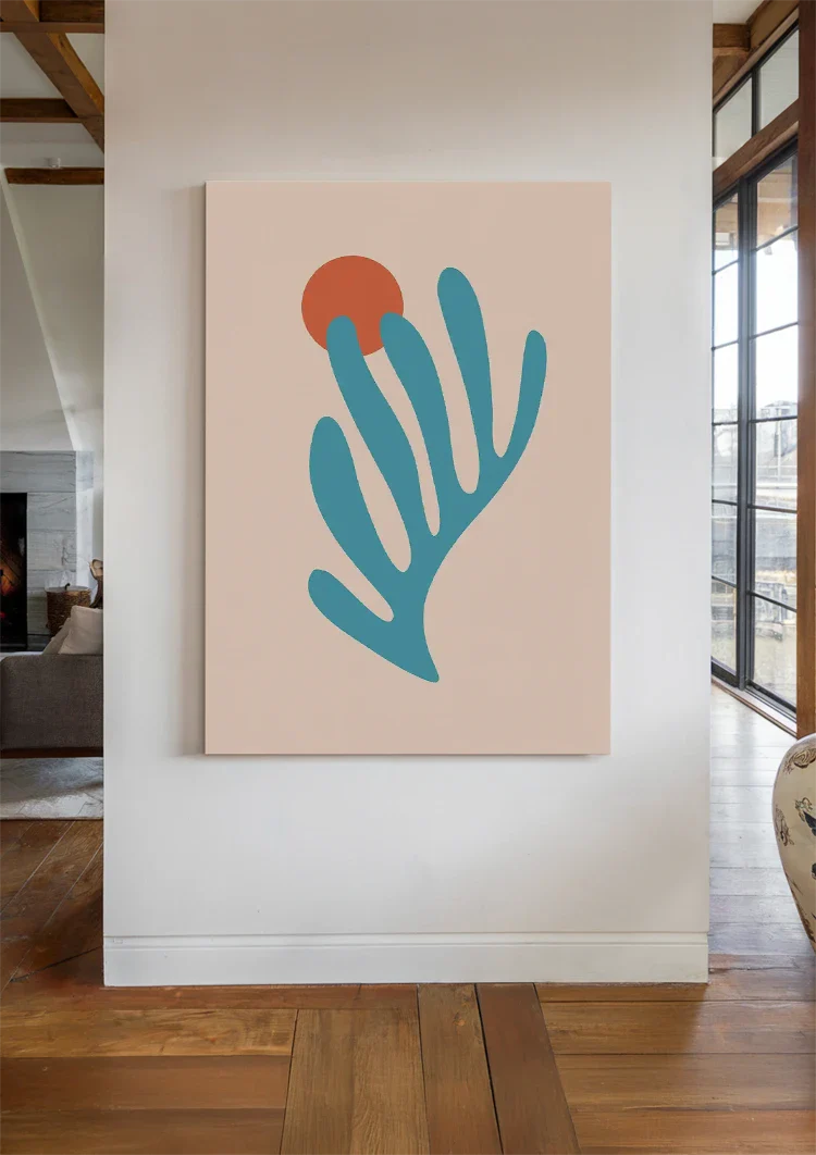 Blauw Koraal met Rode Zon Roze Achtergrond Abstract Botanisch Schilderij