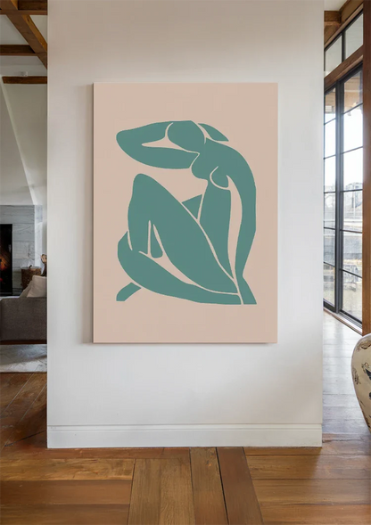 Gestileerde Zittende Figuur Blauwgroen Lichtroze Abstract Schilderij