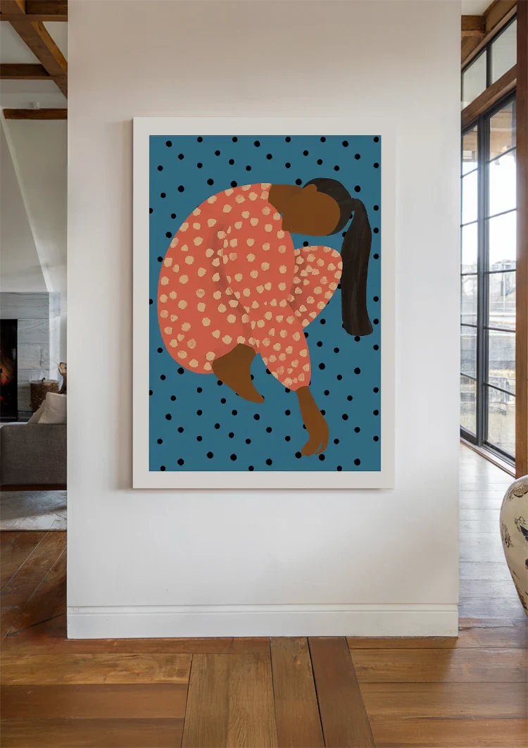 Posing Woman Red Polka Dot Dress Blue Background Graphic Painting