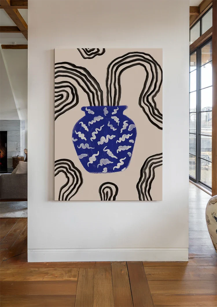 Blue Vase White Motifs Beige Background Black Waves Graphic Painting