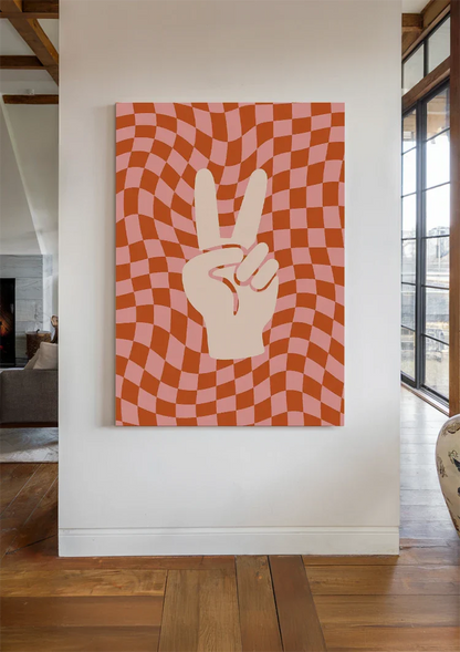 Peace Sign Hand Orange Pink Retro Checkered Painting