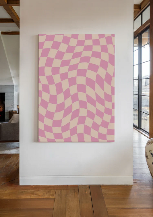Roze Crème Golvend Dambordpatroon Optische Illusie Canvas Schilderij