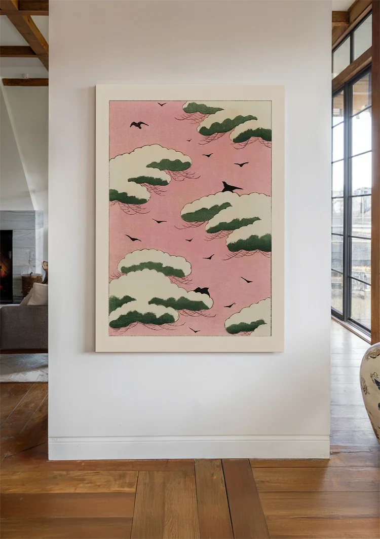 Japanisches Rosa Himmel Grüne Wolken Schwarze Vögel Gemälde