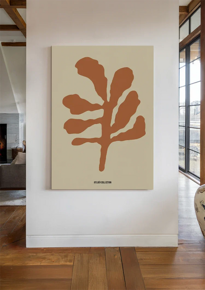 Terracotta Blad Minimalistisch Botanische Illustratie Beige Schilderij