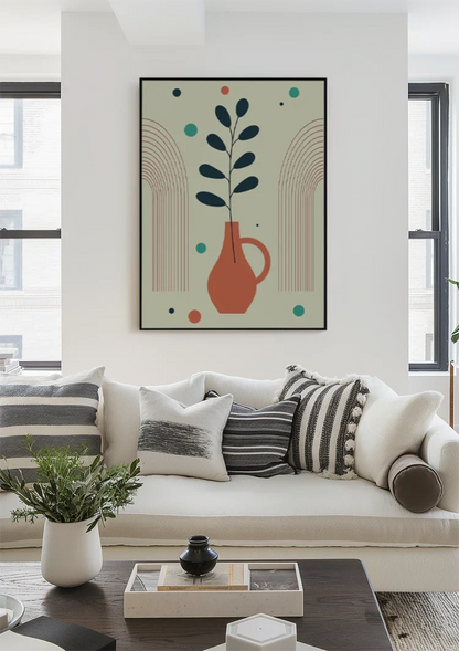 Terracotta Vase Plant Abstract Arches Colorful Dots Painting