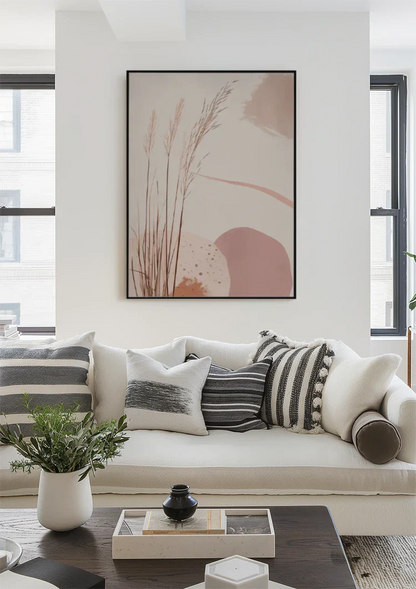 Zachte Roze Grassen op Pastel Achtergrond Botanisch Abstract Schilderij