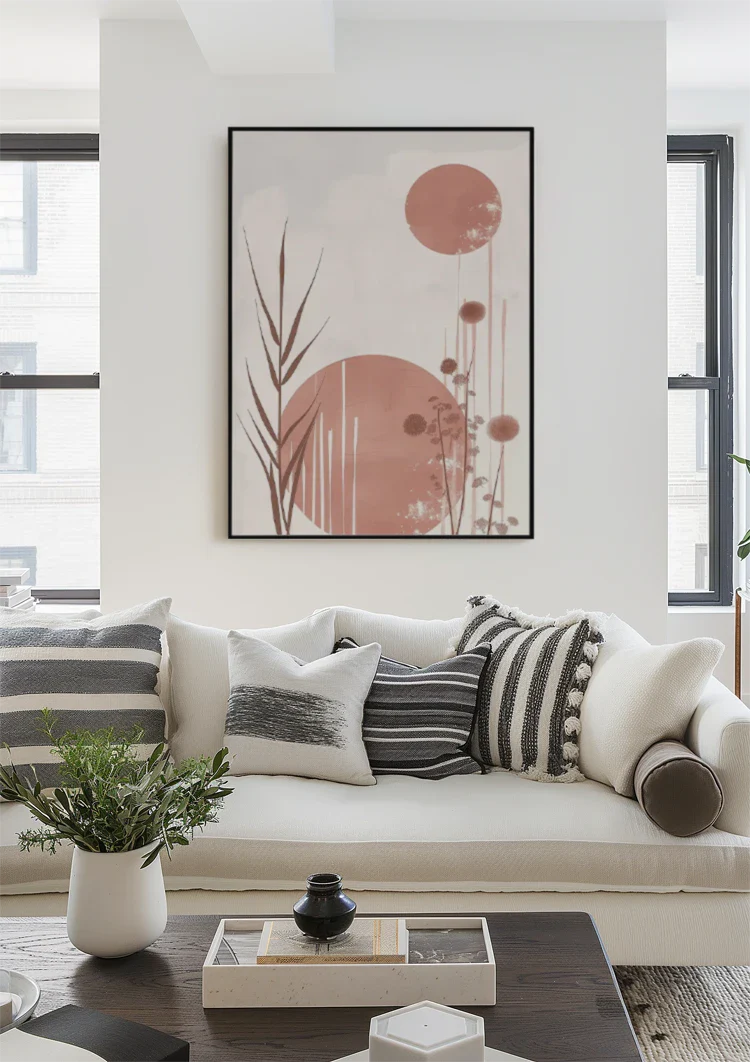 Soft Pastel Reed Plumes and Round Shapes Abstract Painting