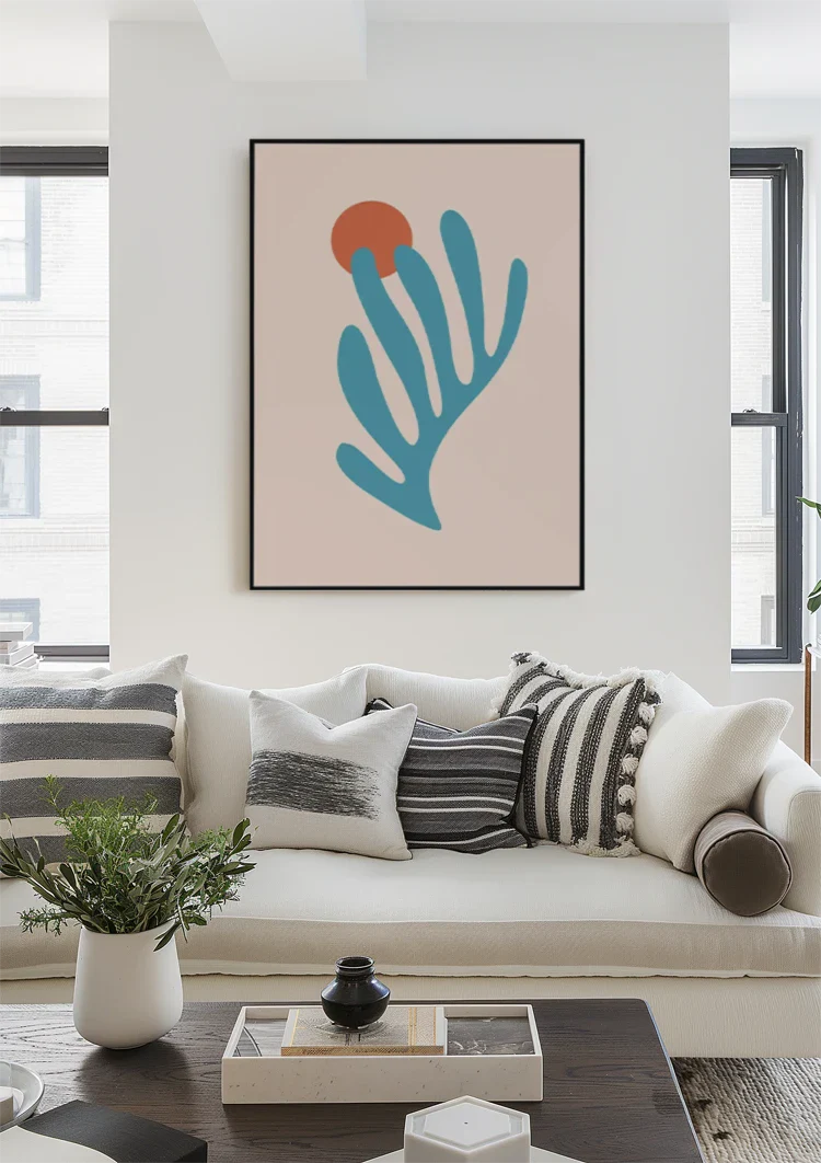 Blauw Koraal met Rode Zon Roze Achtergrond Abstract Botanisch Schilderij