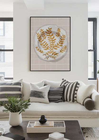 White Plate with Gold Leaf Motif Pink Checkered Background Painting