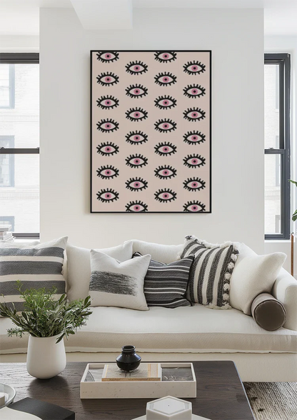 Oogmotief Roze Irissen Zwarte Wimpers Patroon Lichtroze Schilderij