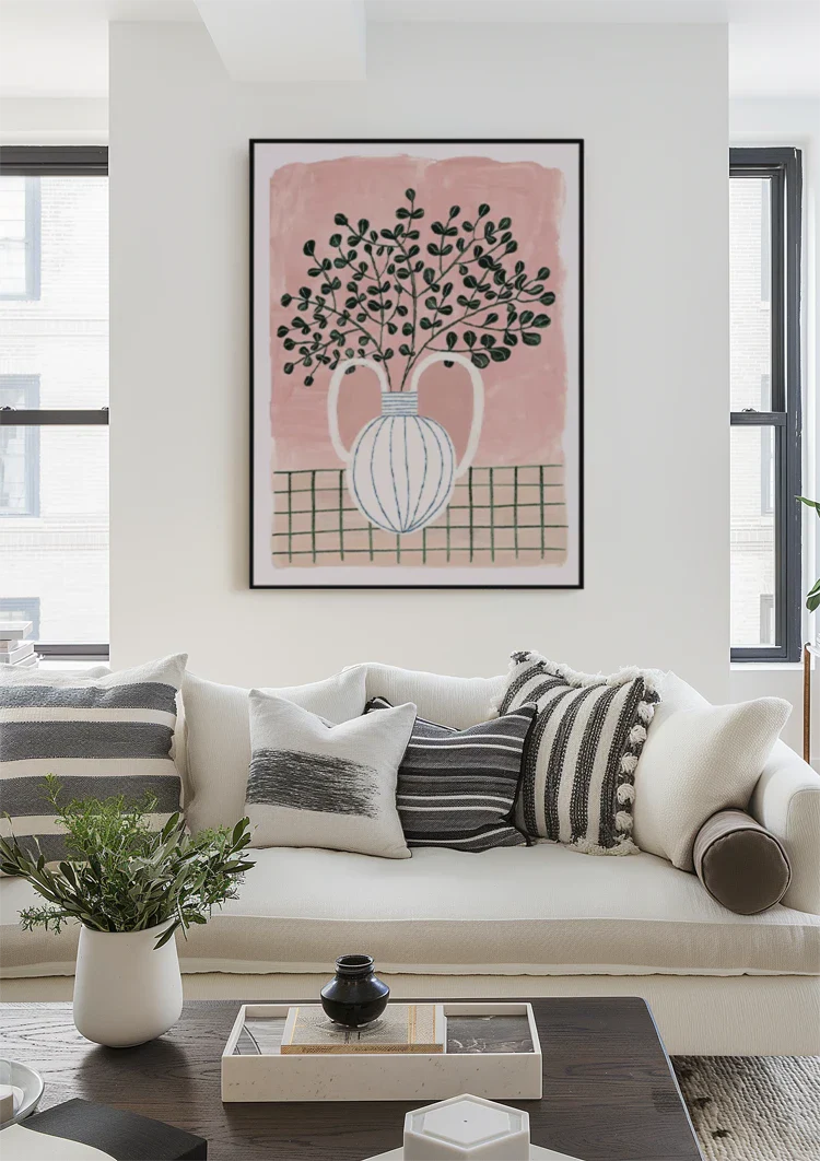 Weiße Vase Blaue Streifen Pflanze Rosa Hintergrund Grün Karierte Tischdecke Gemälde