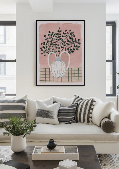 Weiße Vase Blaue Streifen Pflanze Rosa Hintergrund Grün Karierte Tischdecke Gemälde