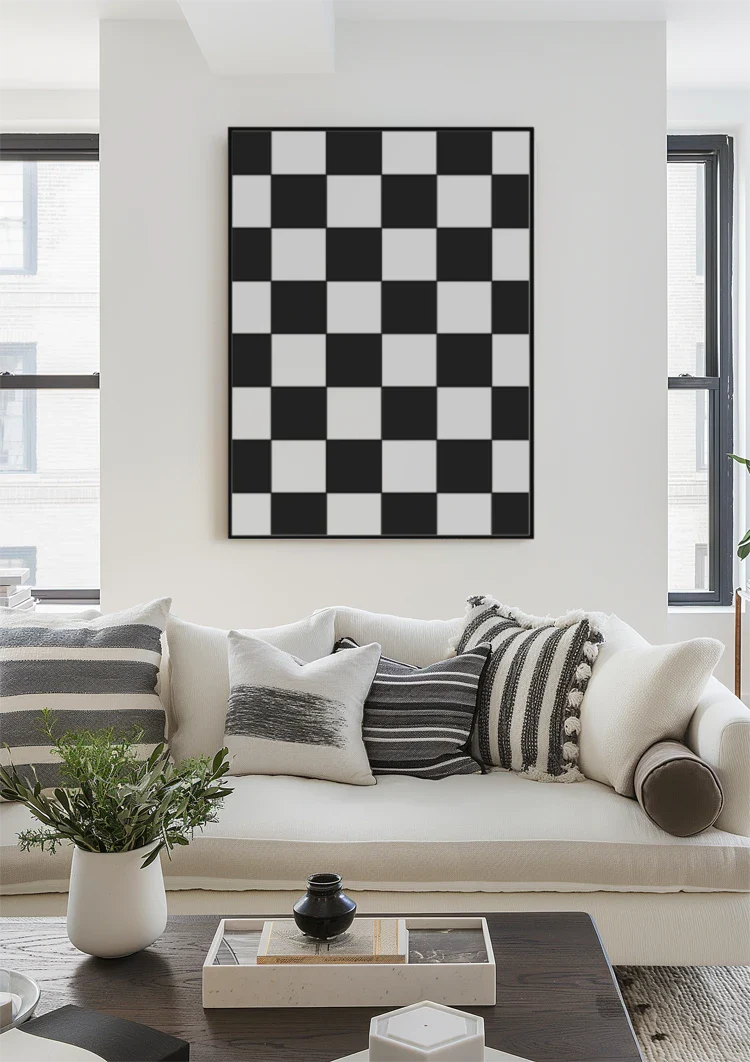 Schwarz-weißes Schachbrettmuster, klassisches, geometrisches Gemälde