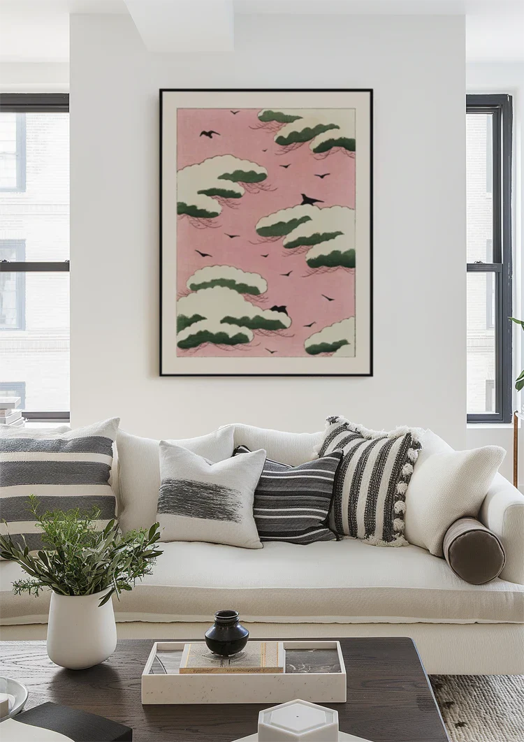 Japanisches Rosa Himmel Grüne Wolken Schwarze Vögel Gemälde