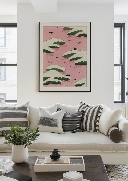 Japanisches Rosa Himmel Grüne Wolken Schwarze Vögel Gemälde