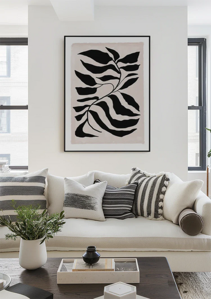 Graphic Sheet Black White Wavy Leaves Cream Background Painting