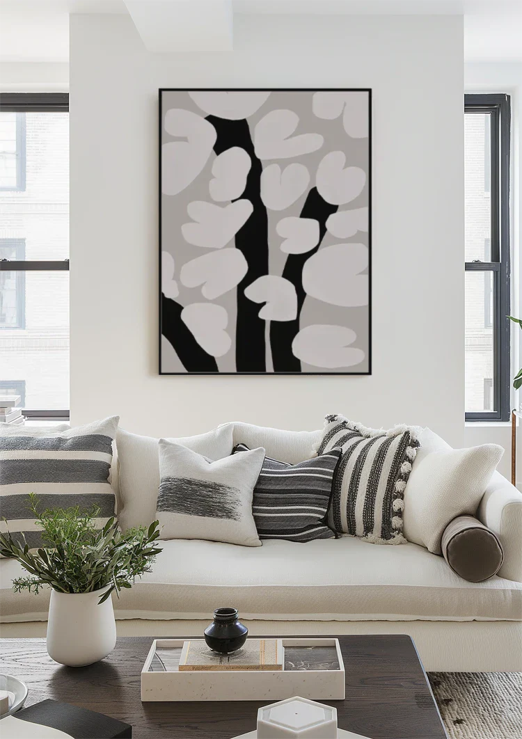 Weiße Blütenblätter Silhouetten Grau Schwarz Minimalistisches Gemälde