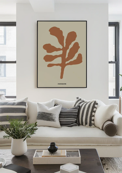 Terracotta Blad Minimalistisch Botanische Illustratie Beige Schilderij