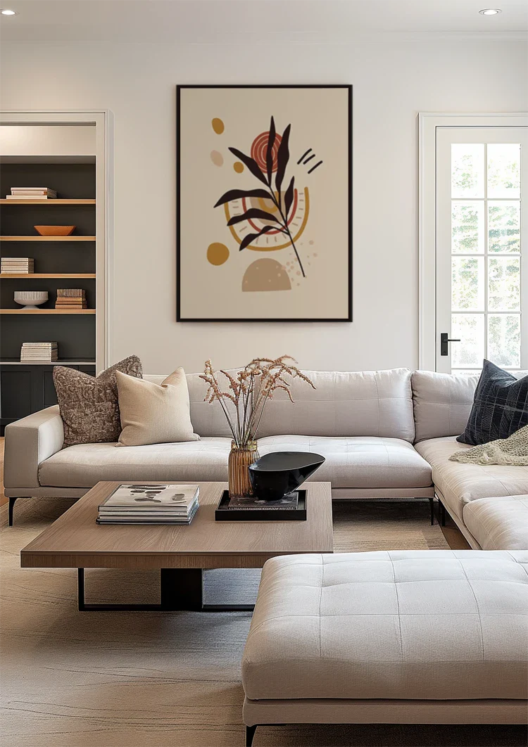 Gestileerde Plant met Bladeren en Abstracte Vormen Botanisch Schilderij