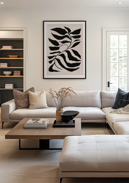 Graphic Sheet Black White Wavy Leaves Cream Background Painting