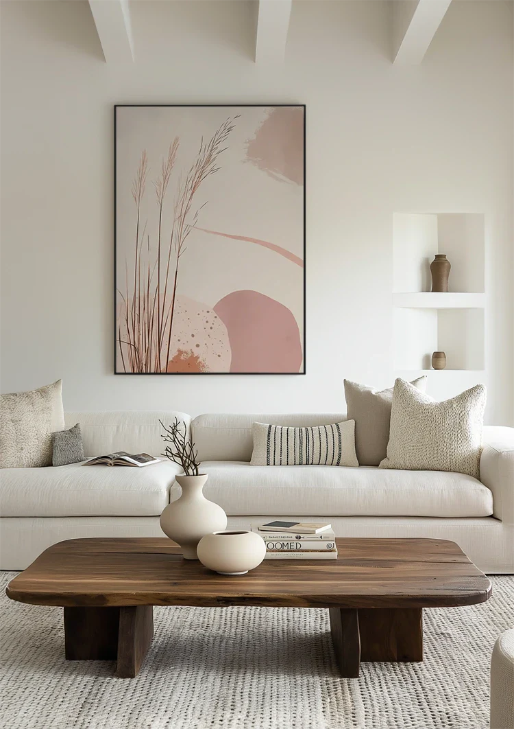 Zachte Roze Grassen op Pastel Achtergrond Botanisch Abstract Schilderij
