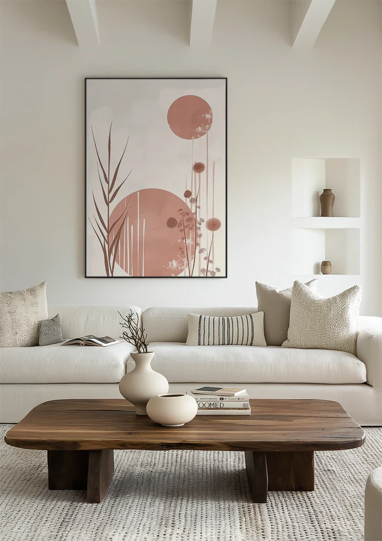 Soft Pastel Reed Plumes and Round Shapes Abstract Painting