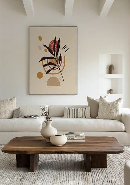 Gestileerde Plant met Bladeren en Abstracte Vormen Botanisch Schilderij