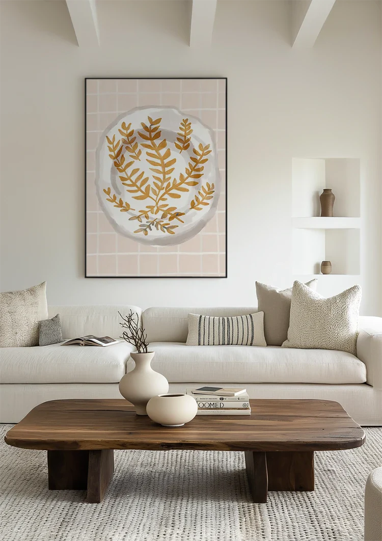 White Plate with Gold Leaf Motif Pink Checkered Background Painting