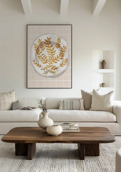 White Plate with Gold Leaf Motif Pink Checkered Background Painting