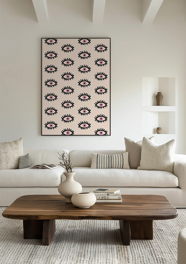 Oogmotief Roze Irissen Zwarte Wimpers Patroon Lichtroze Schilderij