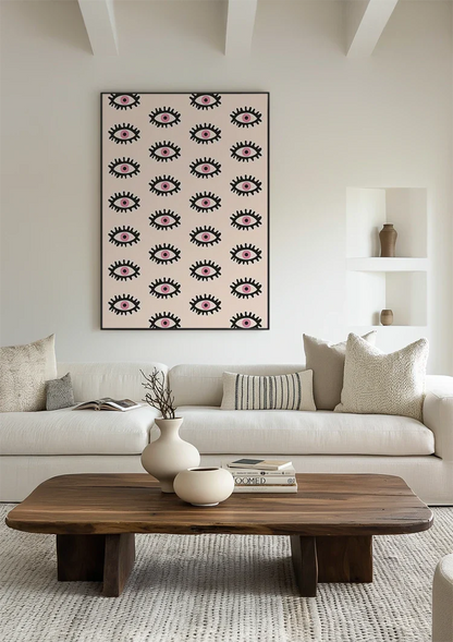 Oogmotief Roze Irissen Zwarte Wimpers Patroon Lichtroze Schilderij