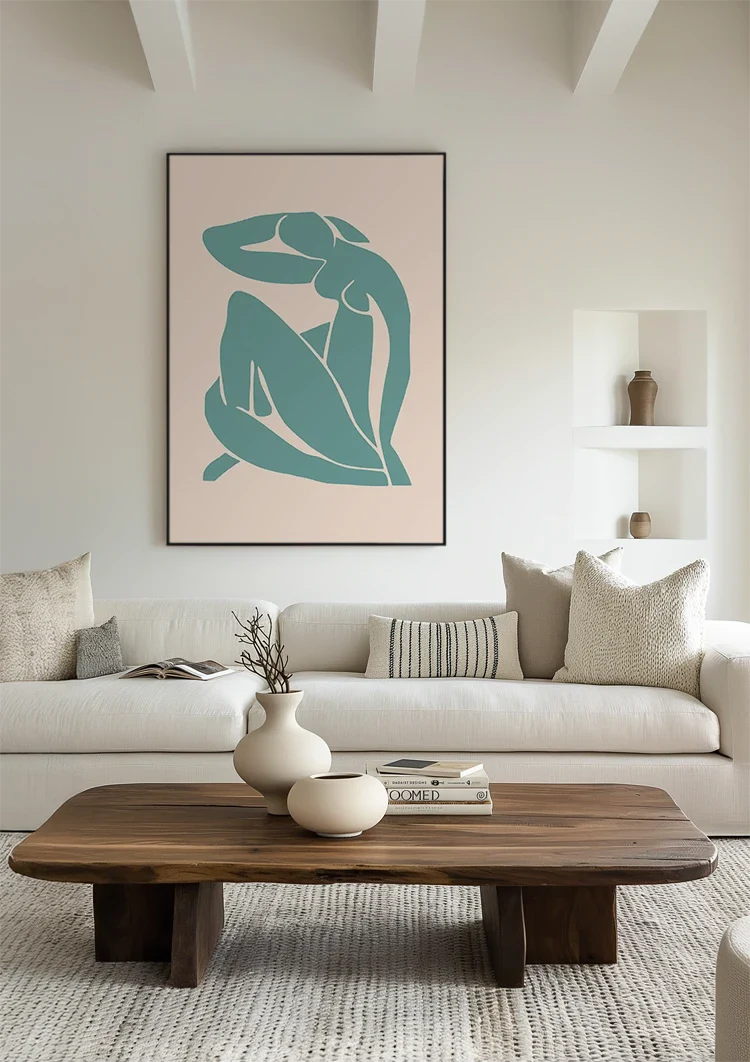 Gestileerde Zittende Figuur Blauwgroen Lichtroze Abstract Schilderij